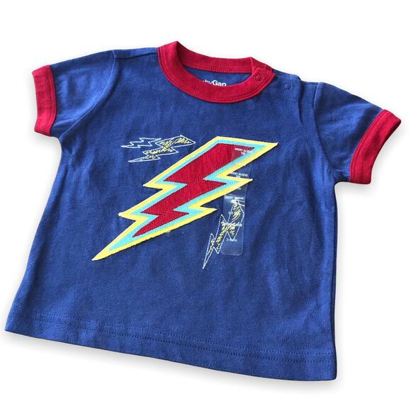Gap Boys Tee Shirt Size 3-6 Months Blue Red Yellow Lightning Bolt Ringer Top NEW - Picture 1 of 6